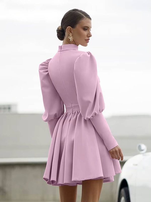 Elegant Stand Collar Long Sleeve High Waist Pleated Mini Dress - Image 7