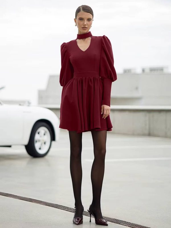 Elegant Stand Collar Long Sleeve High Waist Pleated Mini Dress