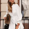Elegant Stand Collar Long Sleeve Puff Sleeve Shirt Belted Mini Dress - Image 4