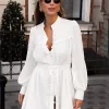 Elegant Stand Collar Long Sleeve Puff Sleeve Shirt Belted Mini Dress - Image 5
