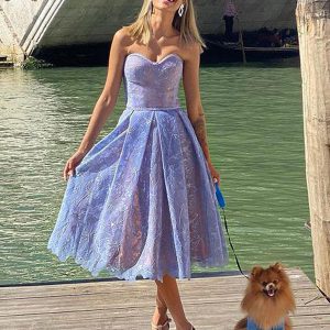 Elegant Strapless Lace Sleeveless Open Shoulder Midi Dress