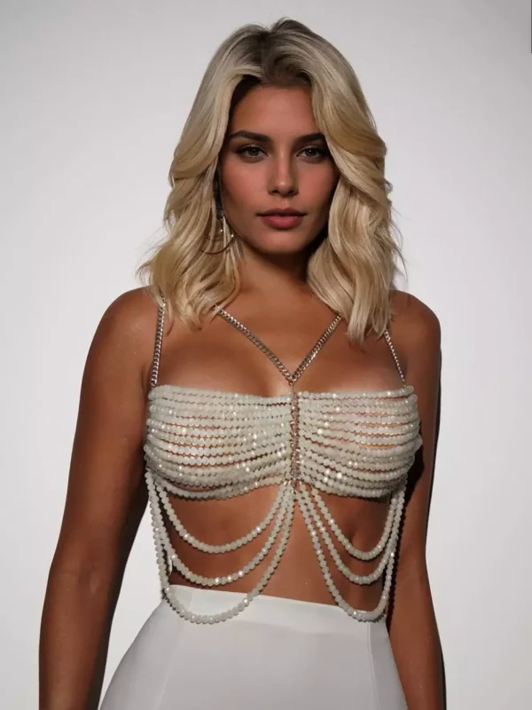 Elegant V-neck Beaded Body Solid color Chain Crop Top