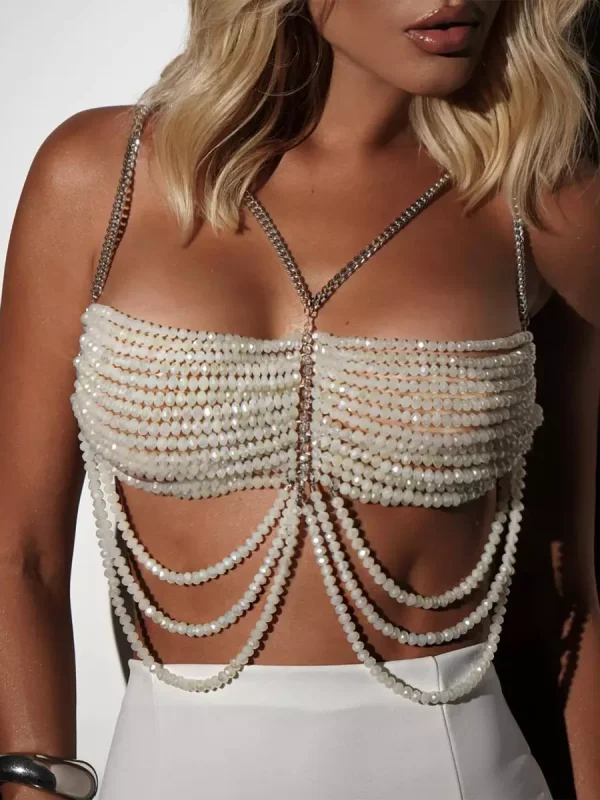 Elegant V-neck Beaded Body Solid color Chain Crop Top - Image 2