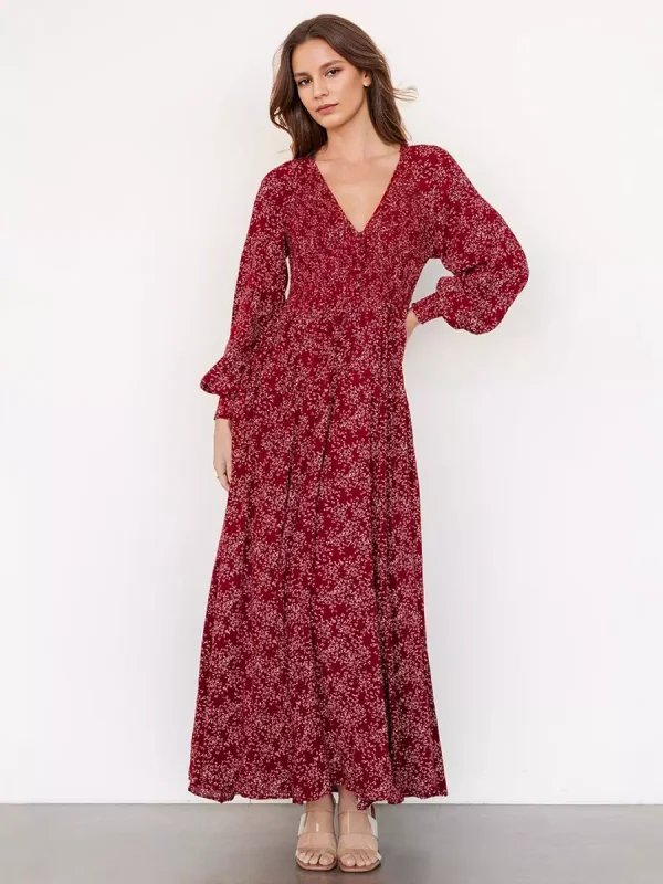 Elegant V-neck Boho Bishop Sleeve Floral Maxi Dress