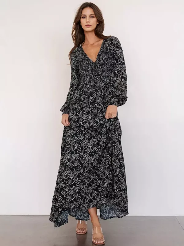 Elegant V-neck Boho Bishop Sleeve Floral Maxi Dress - Image 9