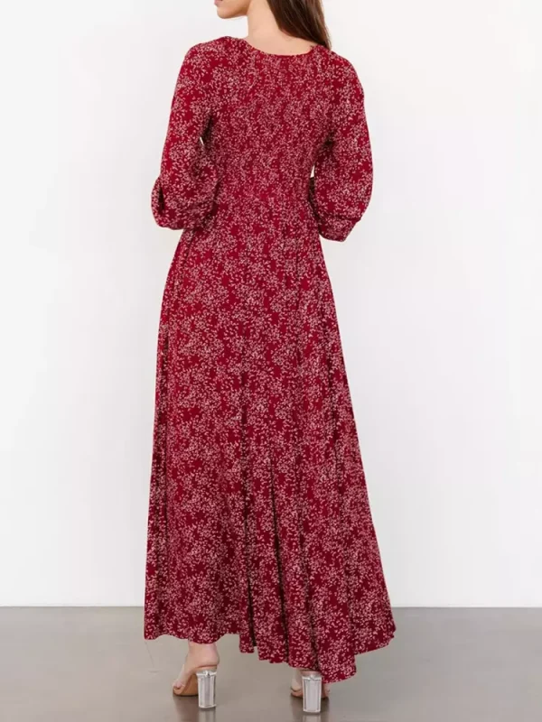 Elegant V-neck Boho Bishop Sleeve Floral Maxi Dress - Image 5