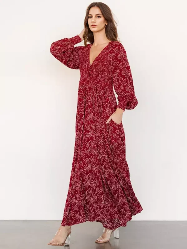 Elegant V-neck Boho Bishop Sleeve Floral Maxi Dress - Image 3