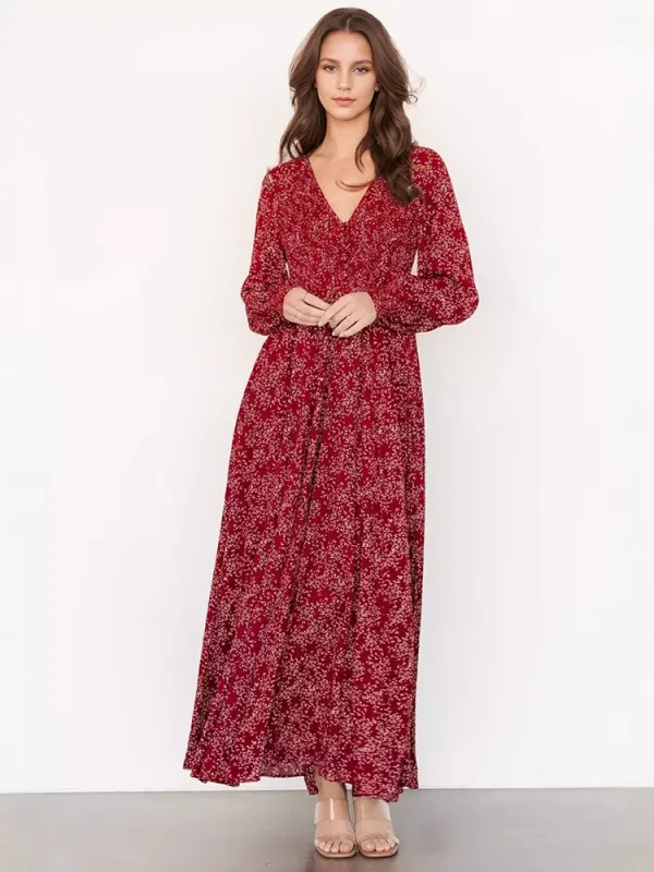 Elegant V-neck Boho Bishop Sleeve Floral Maxi Dress - Image 4