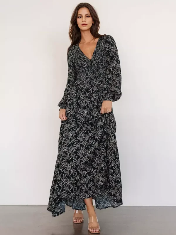 Elegant V-neck Boho Bishop Sleeve Floral Maxi Dress - Image 6