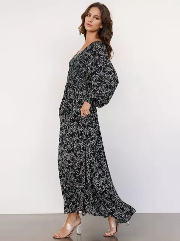 Elegant V-neck Boho Bishop Sleeve Floral Maxi Dress - Image 7