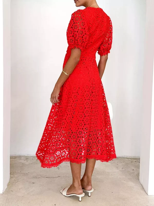 Elegant V-neck Puff Sleeve Solid Color A-line Lace Midi Dress - Image 10