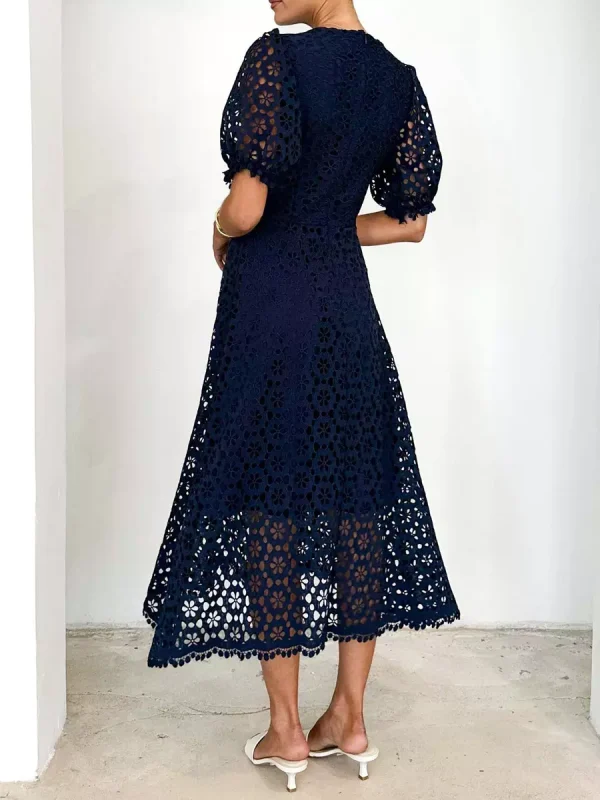 Elegant V-neck Puff Sleeve Solid Color A-line Lace Midi Dress - Image 15