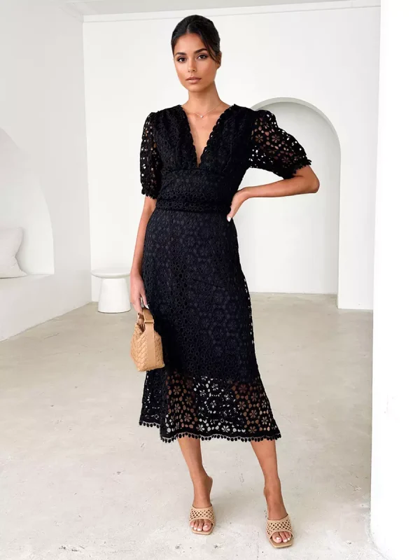 Elegant V-neck Puff Sleeve Solid Color A-line Lace Midi Dress - Image 3