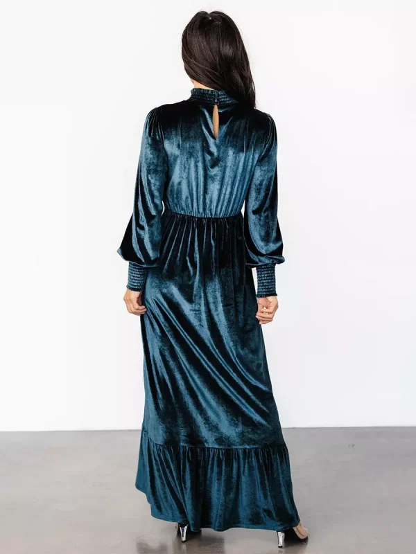 Elegant Velvet High Neck Vintage Bishop Sleeve Maxi Dress - Image 4