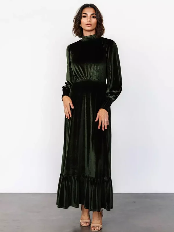 Elegant Velvet High Neck Vintage Bishop Sleeve Maxi Dress - Image 7