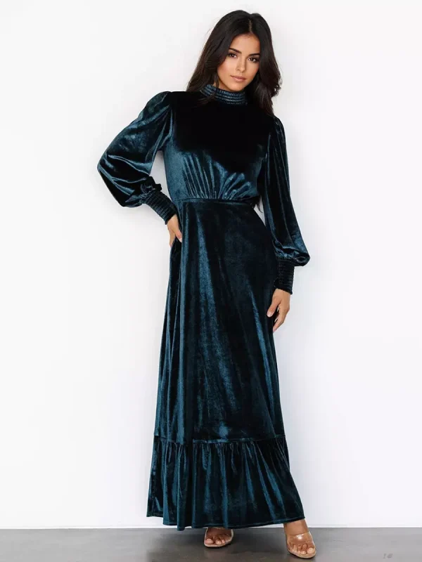 Elegant Velvet High Neck Vintage Bishop Sleeve Maxi Dress