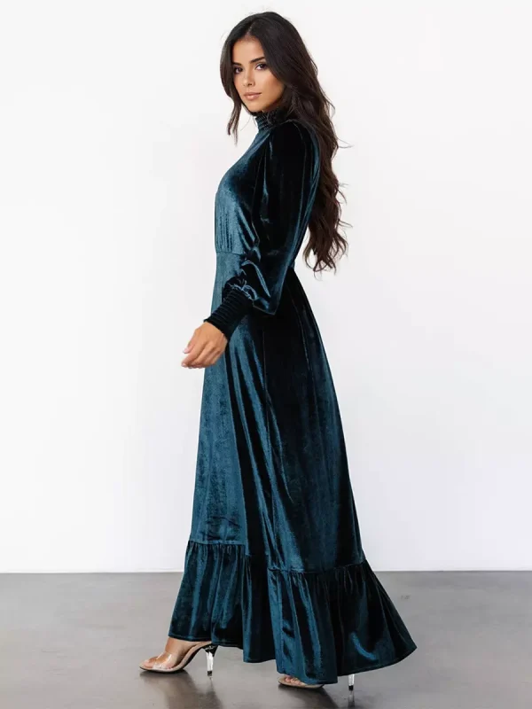 Elegant Velvet High Neck Vintage Bishop Sleeve Maxi Dress - Image 2