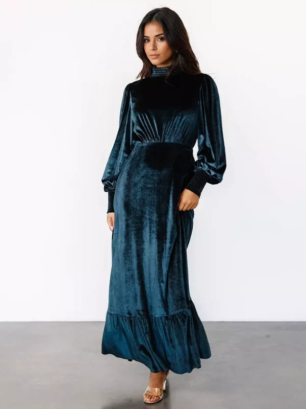 Elegant Velvet High Neck Vintage Bishop Sleeve Maxi Dress - Image 3