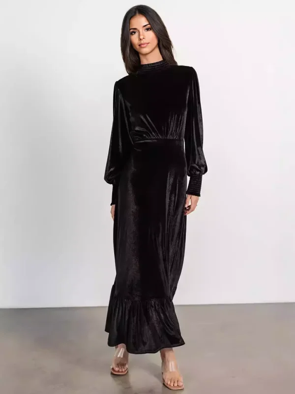 Elegant Velvet High Neck Vintage Bishop Sleeve Maxi Dress - Image 10