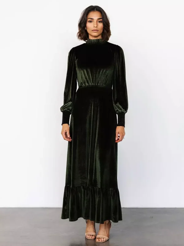 Elegant Velvet High Neck Vintage Bishop Sleeve Maxi Dress - Image 5