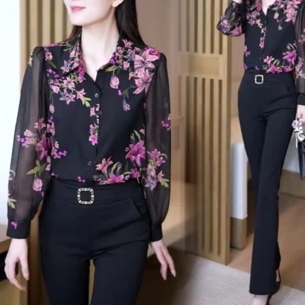 Elegant Versatile Polo Collar Printed Fashion Flower Chiffon Button Long Sleeved Top - Image 4