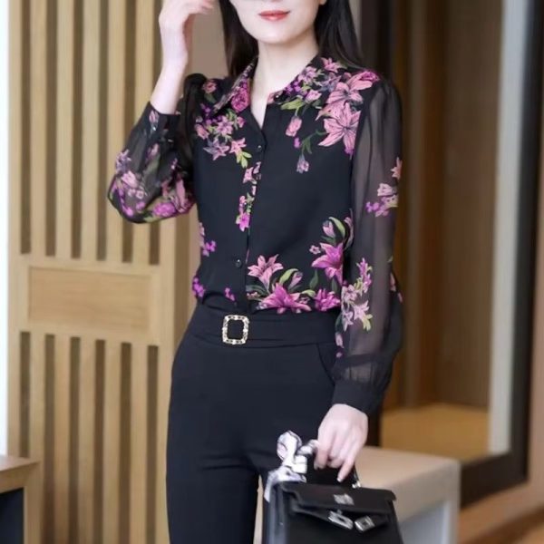 Elegant Versatile Polo Collar Printed Fashion Flower Chiffon Button Long Sleeved Top