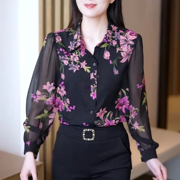 Elegant Versatile Polo Collar Printed Fashion Flower Chiffon Button Long Sleeved Top - Image 2