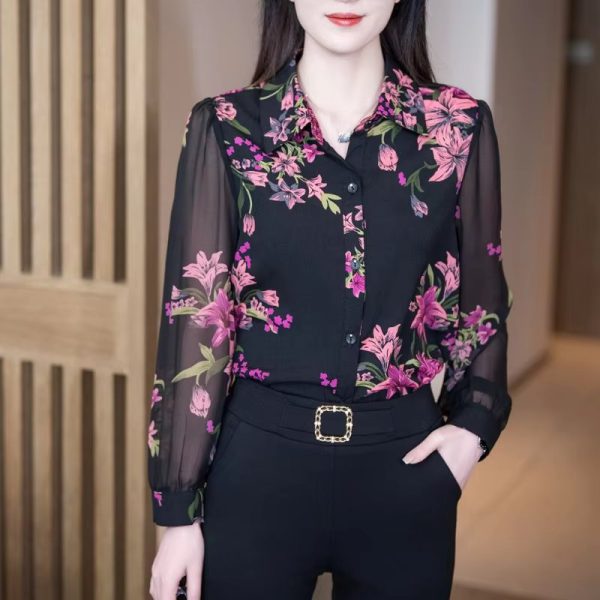 Elegant Versatile Polo Collar Printed Fashion Flower Chiffon Button Long Sleeved Top - Image 3