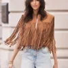 Elegant Western Cowgirl Fringe Vest Crew Neck Bohemian  Suede Jacket