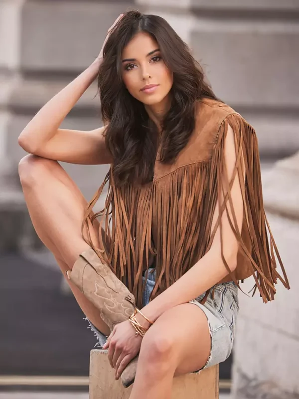 Elegant Western Cowgirl Fringe Vest Crew Neck Bohemian  Suede Jacket - Image 3