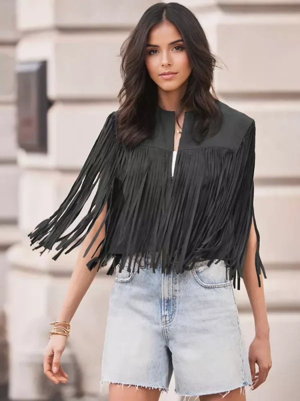 Elegant Western Cowgirl Fringe Vest Crew Neck Bohemian  Suede Jacket - Image 6