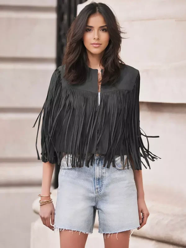 Elegant Western Cowgirl Fringe Vest Crew Neck Bohemian  Suede Jacket - Image 9