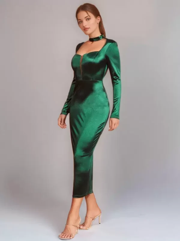 Embellished Collar Long Sleeves Sheer Semi Formal Midi Dress - Image 3