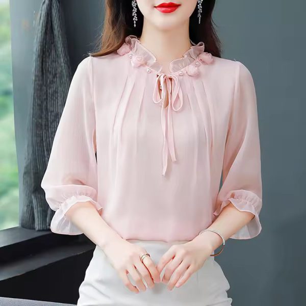 Half Sleeve Bow tie Fashion Chiffon Petal Collar Loose Casual Shirt - Image 2