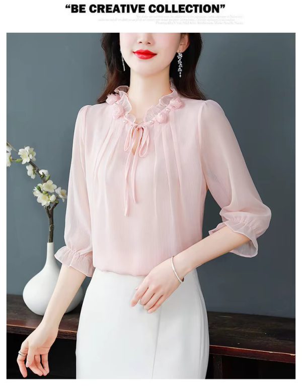 Half Sleeve Bow tie Fashion Chiffon Petal Collar Loose Casual Shirt - Image 12