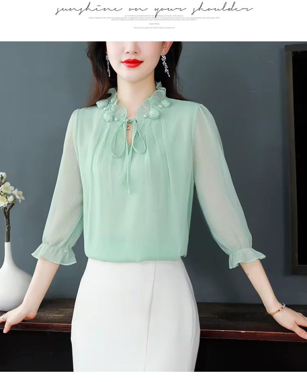 Half Sleeve Bow tie Fashion Chiffon Petal Collar Loose Casual Shirt - Image 3