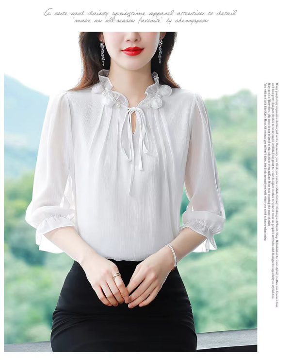 Half Sleeve Bow tie Fashion Chiffon Petal Collar Loose Casual Shirt - Image 5