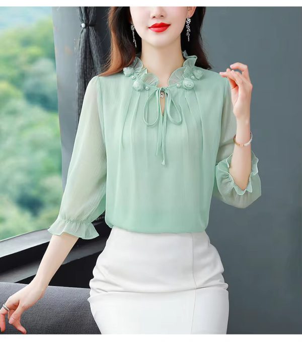 Half Sleeve Bow tie Fashion Chiffon Petal Collar Loose Casual Shirt - Image 6