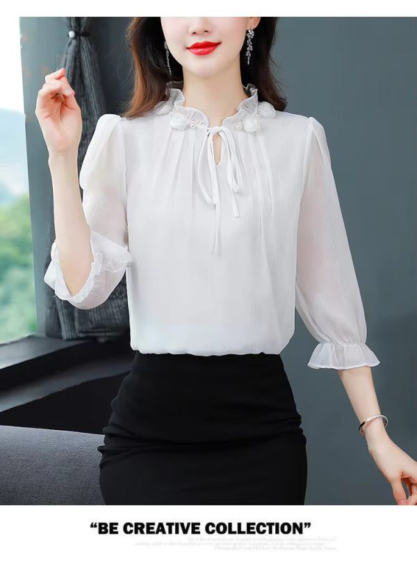 Half Sleeve Bow tie Fashion Chiffon Petal Collar Loose Casual Shirt - Image 7