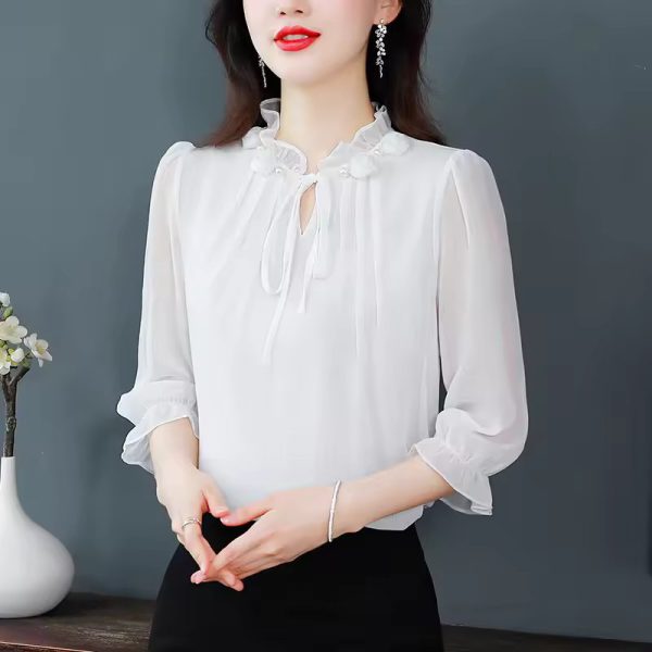 Half Sleeve Bow tie Fashion Chiffon Petal Collar Loose Casual Shirt - Image 8