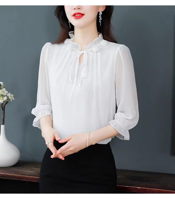 Half Sleeve Bow tie Fashion Chiffon Petal Collar Loose Casual Shirt - Image 10