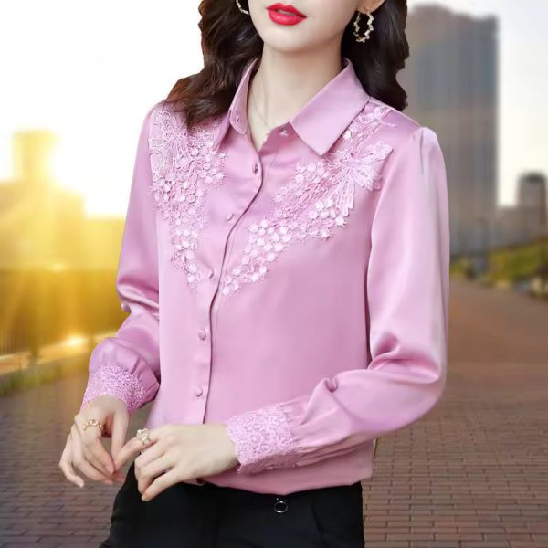 High Quality Satin Embroidery Elegant Chic Fashion Long Sleeve Top Blouse