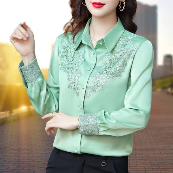 High Quality Satin Embroidery Elegant Chic Fashion Long Sleeve Top Blouse - Image 2