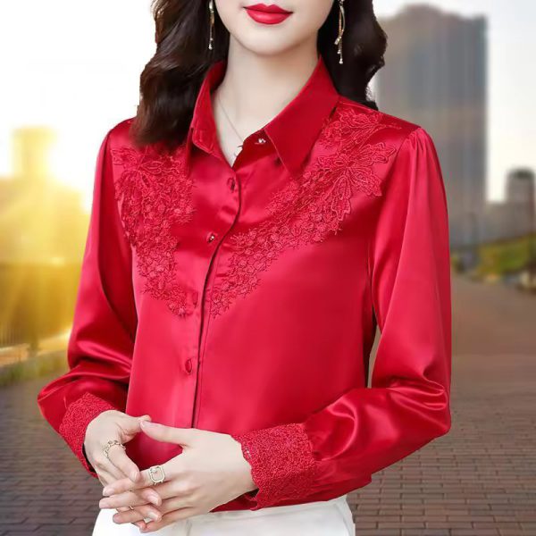 High Quality Satin Embroidery Elegant Chic Fashion Long Sleeve Top Blouse - Image 3