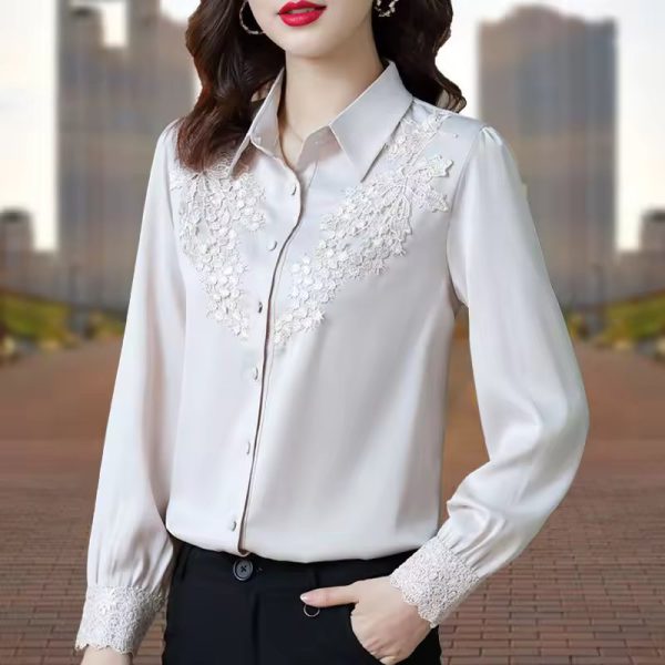 High Quality Satin Embroidery Elegant Chic Fashion Long Sleeve Top Blouse - Image 4