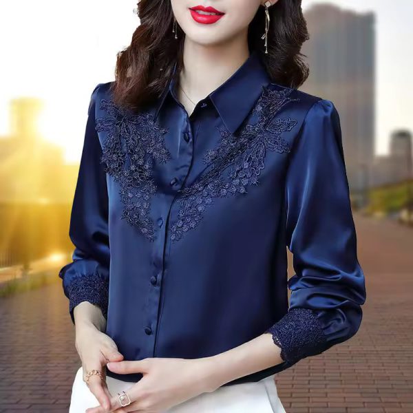 High Quality Satin Embroidery Elegant Chic Fashion Long Sleeve Top Blouse - Image 5