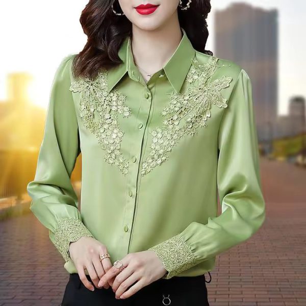 High Quality Satin Embroidery Elegant Chic Fashion Long Sleeve Top Blouse - Image 6