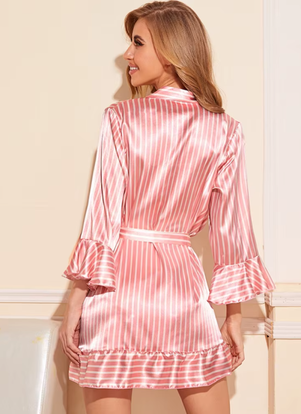 Lace Satin Silk Sleepwear 4 piece Stripe Robe Cardigan Home Clothes Nightwear - Image 4