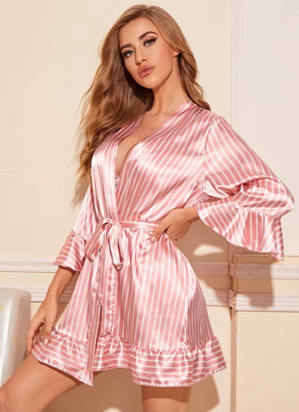 Lace Satin Silk Sleepwear 4 piece Stripe Robe Cardigan Home Clothes Nightwear - Image 2