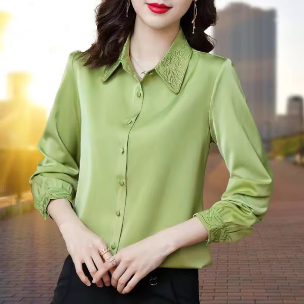 Long Sleeve Button Up Shirt  Fashion High Quality Satin Embroidery Elegant Top Blouse - Image 2